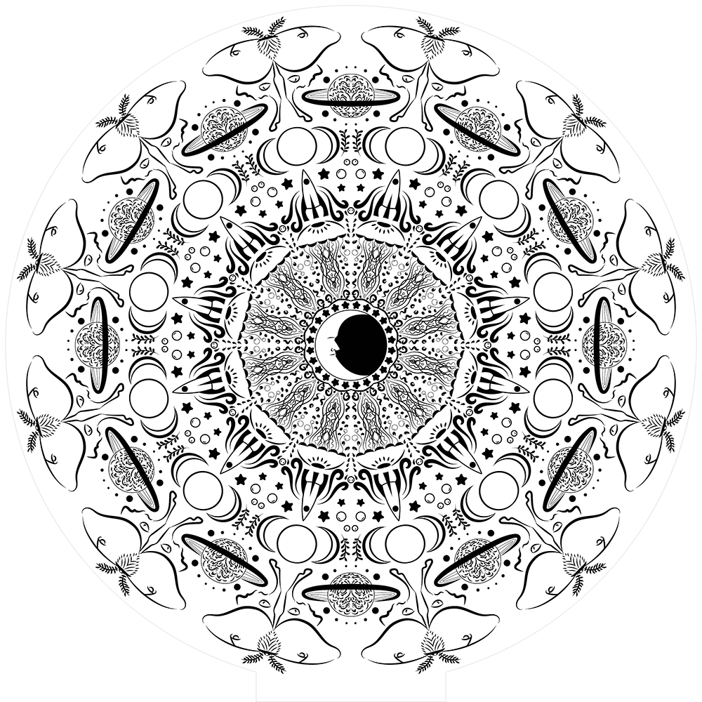Black and white mandala with moon in center